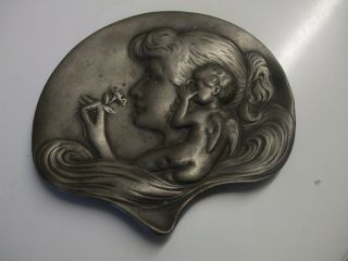 Art Nouveau Pewter Trinket/pin Dish Or Calling Card Tray Lady & Cherub