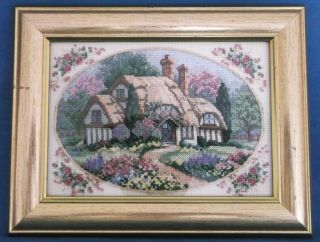 Vintage Hand Embroidered English Cottage Garden Roses Picture Panel Framed