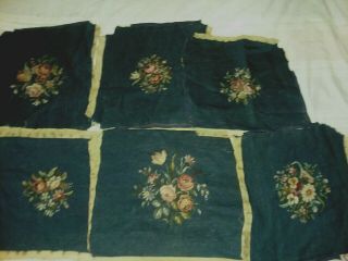 6 Antique Needle Work Chair Covers Floral Blue Background Variety Flowers