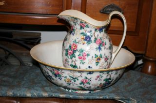 Antique Crown Ducal England Chintz Flowers Water Pitcher & Bowl - Large - Victorian