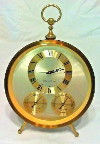 Rare Vntg Bulova 5 - 3/4 " Round Brass Alarm Clock,  Hydrometer & Temp Dial,  Japan