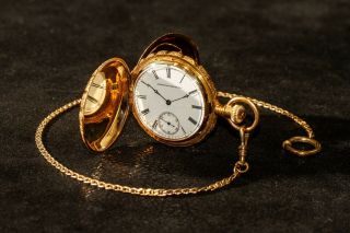 1877 18k Gold Waltham 16 - Jewel Size - 8 Double Hunter Pocket Watch W/ Fob (6)
