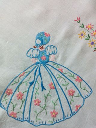 Stunning Vintage Linen.  Tablecloth Hand Embroidered With Crinoline Ladies