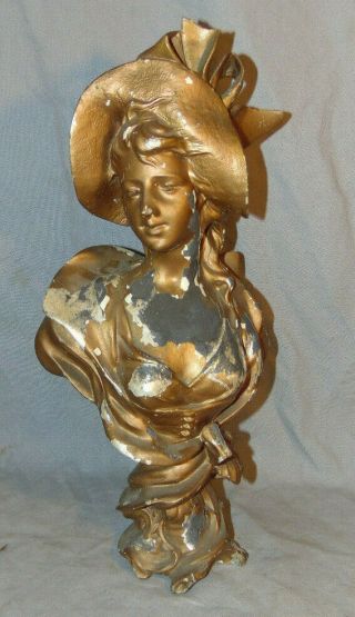 Antique Art Nouveau Young Woman In Hat Spelter Bust Signed George Coudray