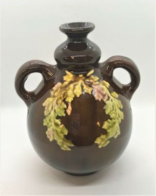 Peters & Reed Art Pottery Embossed Brown Glaze W/ Wreath Jug Or Vase W/2 Handles