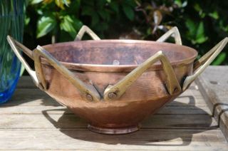 Antique Arts And Crafts Hammered Copper Bowl Brass Crown Handles Modernist Chic 2