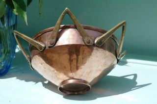 Antique Arts And Crafts Hammered Copper Bowl Brass Crown Handles Modernist Chic 3