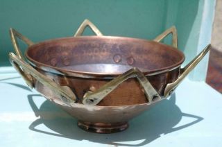 Antique Arts And Crafts Hammered Copper Bowl Brass Crown Handles Modernist Chic 6