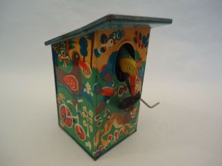 Vintage Rare Agatex Romanian Mechanical Tin Toy Money Bank Bird House 70s
