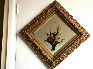 Antique Victorian Gilt Gesso Wall Mirror Bevel Edged With Painted Flower Basket