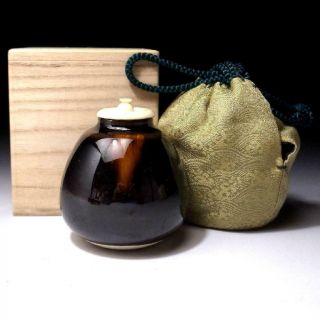 Yd7: Vintage Japanese Tea Caddy,  Kyo Ware With Shifuku Cloth Bag & Wooden Box