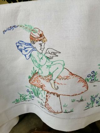 Vintage 1930 Whimsical Pixie Fairy Hand Embroidered Irish Linen Tea Cloth Rare