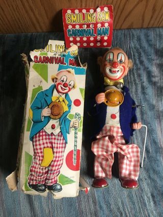 Vintage 1950s Smiling Sam Carnival Man Clown Wind Up Alps Japan Tin Toy