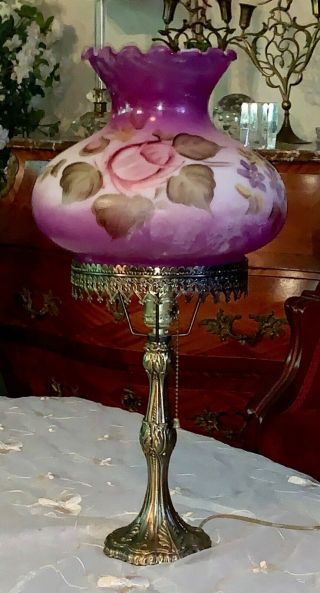 Vintage Parlor Gwtw Tiffany Tiffa Mini Brass Table Lamp Antique Glass Shade