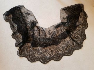 Antique 18th Century Scalloped Handmade Black Chantilly ? Lace L 156 " W 12 "