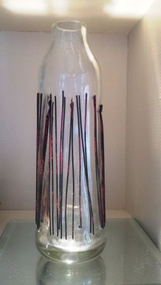 Vintage Midcentury Handblown Art Glass Vase Signed - Clear W/applied Metal Lines