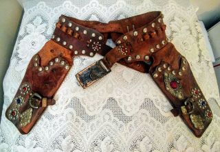 Vtg Leather Western Toy Cowboy Cap Gun Belt W/2 Holsters & Cowboy Belt Buckle
