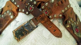 Vtg Leather Western Toy Cowboy Cap Gun Belt w/2 Holsters & Cowboy Belt Buckle 2