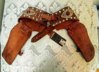 Vtg Leather Western Toy Cowboy Cap Gun Belt w/2 Holsters & Cowboy Belt Buckle 3
