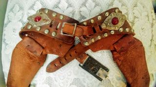 Vtg Leather Western Toy Cowboy Cap Gun Belt w/2 Holsters & Cowboy Belt Buckle 4