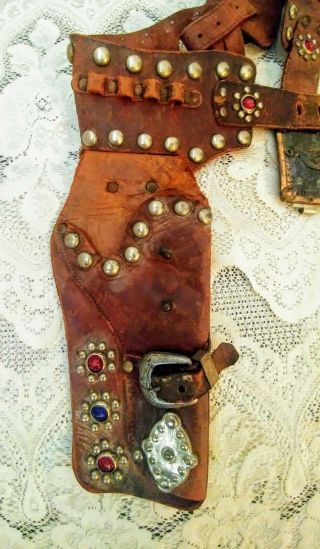 Vtg Leather Western Toy Cowboy Cap Gun Belt w/2 Holsters & Cowboy Belt Buckle 6