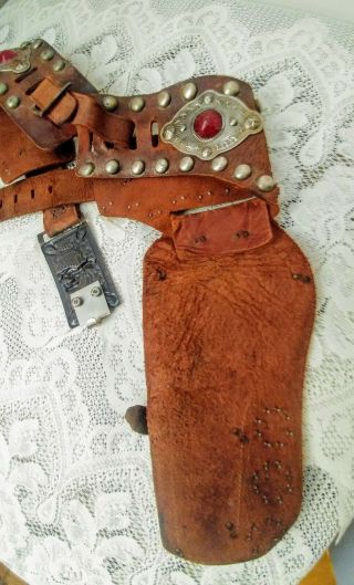 Vtg Leather Western Toy Cowboy Cap Gun Belt w/2 Holsters & Cowboy Belt Buckle 7