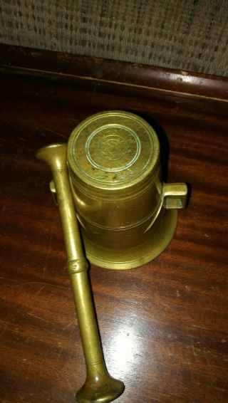 Antique Solid Brass Mortar & Pestle Marked Skulltuna 1611 No.  4 3