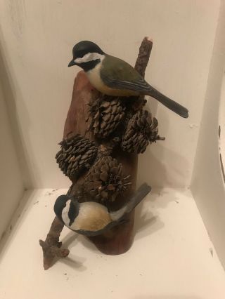 Rare Mark Holland Master Carver Folk Art Chickadee 2 Bird Carving Brewster Mass.