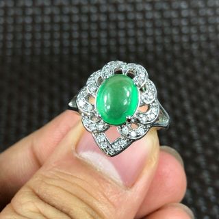 Chinese S925 Silver & Green Jadeite Jade Handwork Rare No.  6 Heart - Shaped Ring
