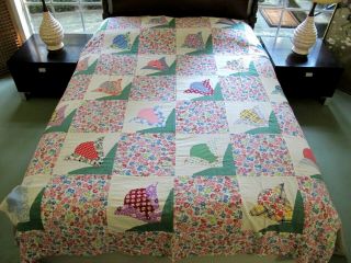 Outstanding All Feed Sack Hand Sewn Applique Tulips Vintage Quilt Top; 89 " X 70 "