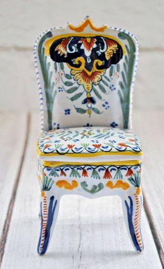 Antique Geo Martel Miniature Chair Hand Painted Faiencerie De Desvres 1900’s