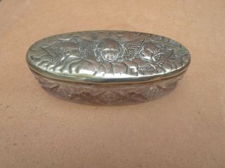 Art Nouveau Winged Cupids Silver Plated Lid,  Cut Glass Ladies Trinket Box