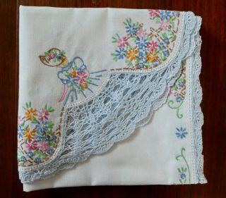 Vintage Tablecloth W/floral Handwork.  Lady In Lace,  Flowers At Each Corner