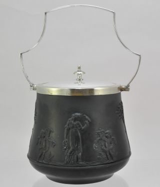 Antique Wedgwood Black Basalt And Silverplate Biscuit Jar