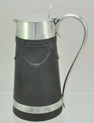 Antique Wedgwood Black Basalt And Silverplate Syrup Jug Pitcher 19th Century