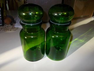 2 Vintage Green Glass Bubble Lid Apothecary Jars 8 1/2 " Tall Belgium