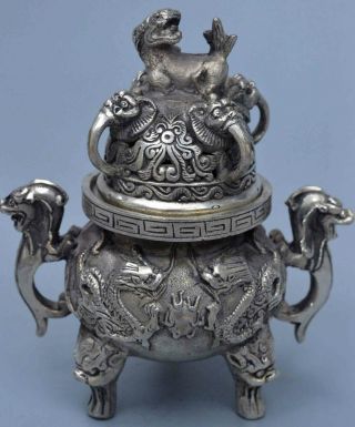 Collectable Old Noble Ancient Miao Silver Carve Dragon Play Ball Incense Burner