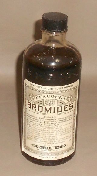 C1920 Antique Quack Medicine Bottle Peacock’s Bromides Sedative St Louis Mo