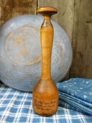 Small Primitive Antique Wood Masher With Mushroom Top Spice Label Freeship