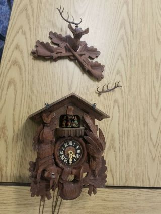Vintage West Germany Wood Coo Coo Clock Hunting Theme With Dancers