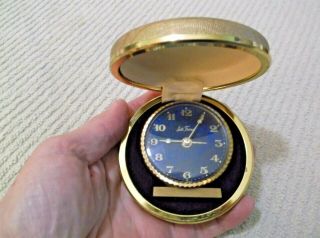 Vintage Seth Thomas Germany Cobalt Blue Face Wind Up Travel Alarm Clock In Case