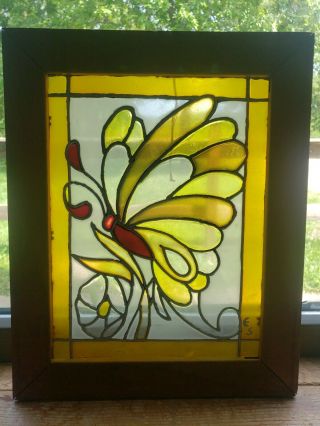 Vintage Leaded Stained Glass Butterfly Art Framed In Antique Anco Bilt Easel