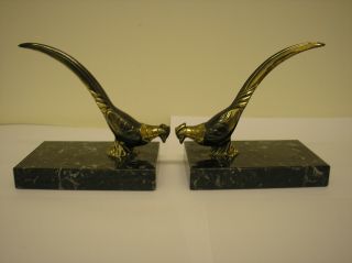 FRENCH ART DECO SPELTER/MARBLE PHEASANT BOOKENDS 2