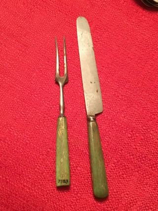 Antique Dining Knife & 2 Tine Fork Wood Handle No Mark Early To Mid 1800 