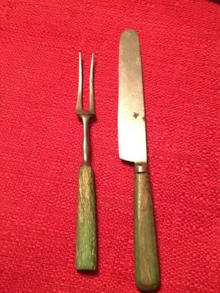 Antique Dining Knife & 2 Tine Fork Wood Handle No Mark Early to Mid 1800 ' s 2