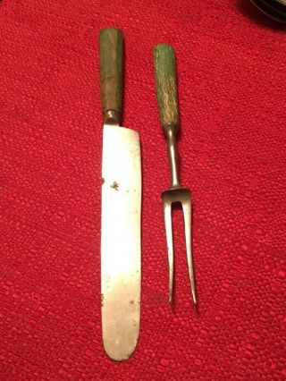 Antique Dining Knife & 2 Tine Fork Wood Handle No Mark Early to Mid 1800 ' s 3