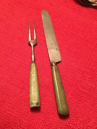 Antique Dining Knife & 2 Tine Fork Wood Handle No Mark Early to Mid 1800 ' s 8
