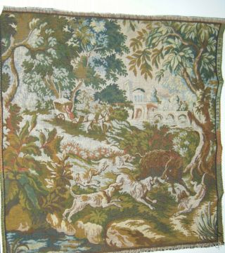 Antique Woven French Victorian Tapestry 20x19 " Boar Hunting Dogs Horse Carriage