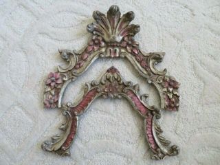 2 Fabulous Old French Wood Barbola Gesso Fragments Flowers Curvy Pink & Gold