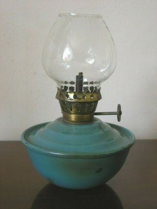 VINTAGE BLUE GREEN ENAMEL KELLY,  PIXIE,  NURSERY VERITAS OIL LAMP WEIGHTED BASE 3